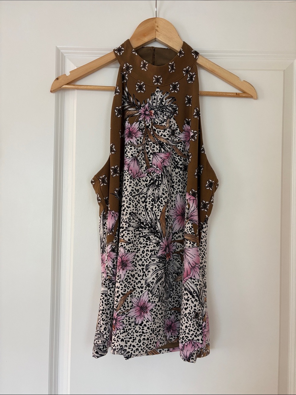 White House Black Market Brown and Pink Floral Halter Top